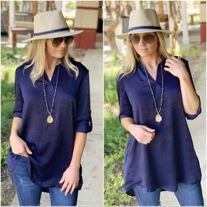 Infinity Raine Tops - Navy silky roll tab sleeve tunic Infinity Raine Tops - Navy silky roll tab sleeve tunic
